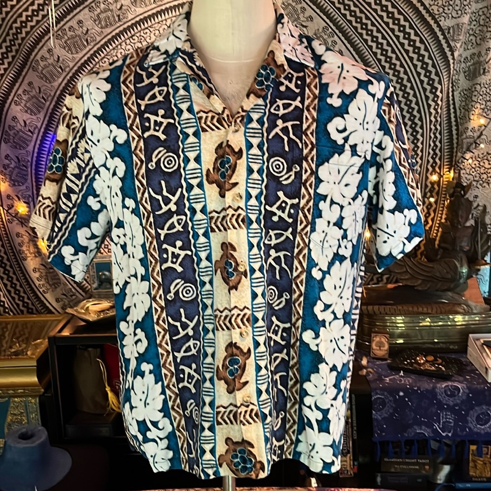 Vintage RJC Barkcloth Men’s Hawaiian Button Down Tiki Turtles